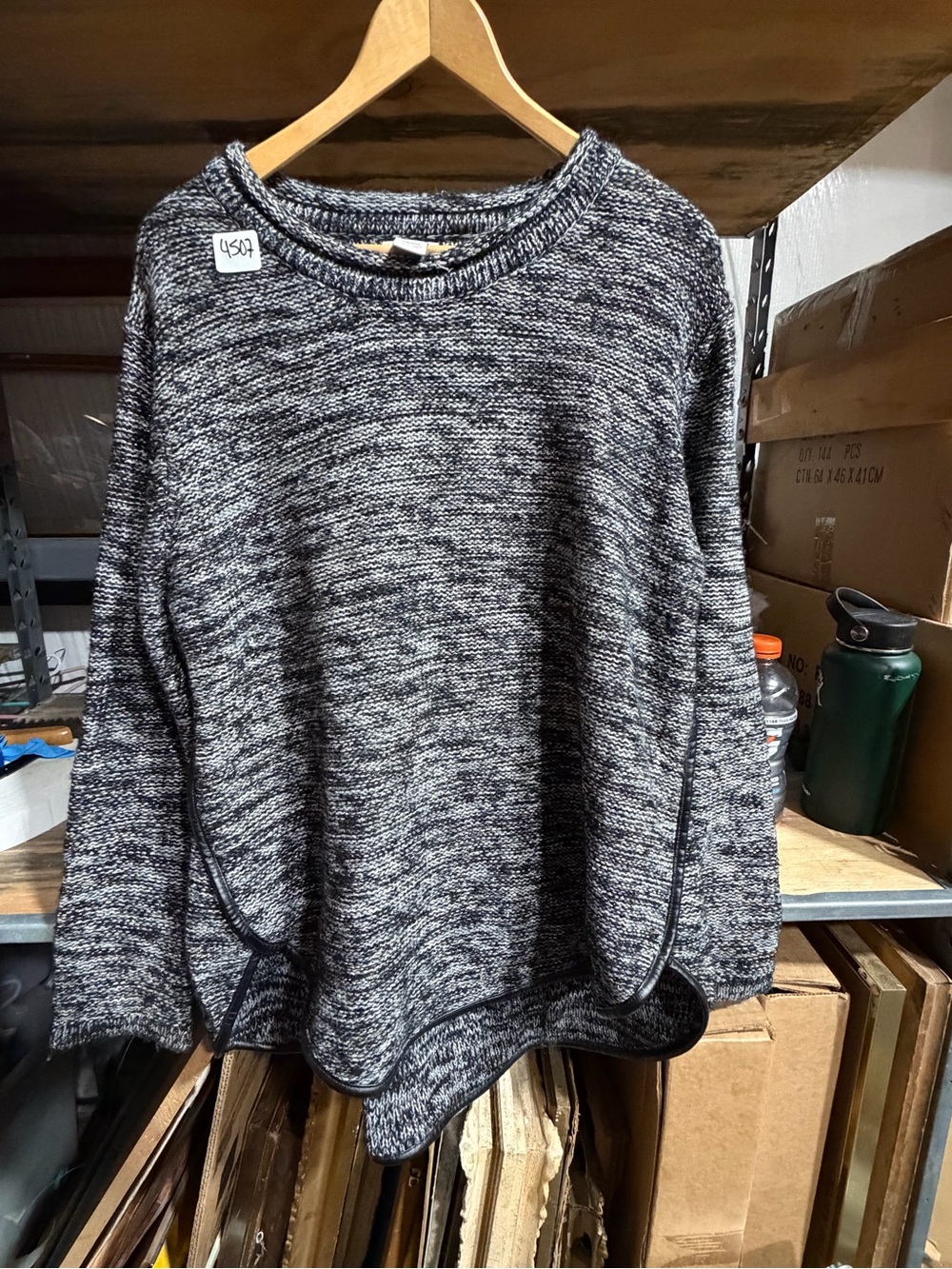 #4507-Cozy Marled Black & White Crewneck Sweater